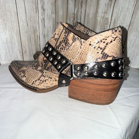 Green & Black Snakeskin Studded Harness Ankle Boots | Western Boho Rocker Bootie - Picture 7 of 13